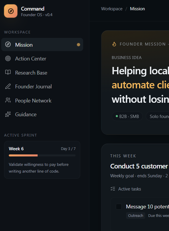 Your founder workspace, organized in one place.